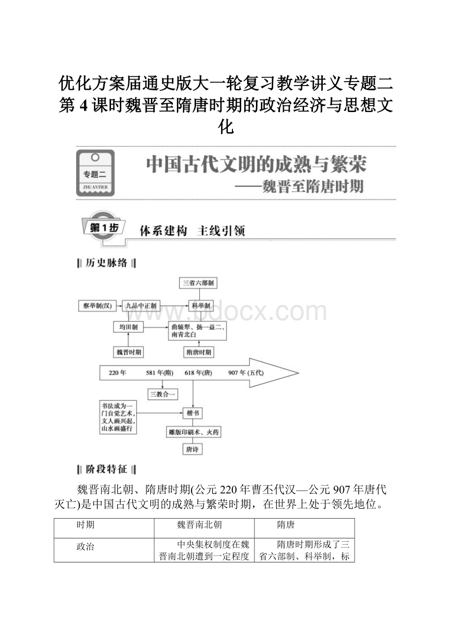 优化方案届通史版大一轮复习教学讲义专题二第4课时魏晋至隋唐时期的政治经济与思想文化.docx