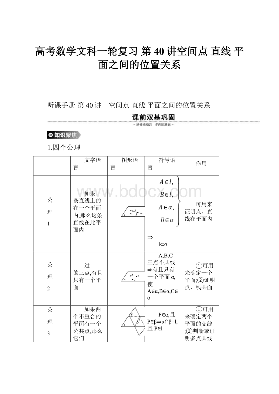 高考数学文科一轮复习 第40讲空间点 直线 平面之间的位置关系.docx