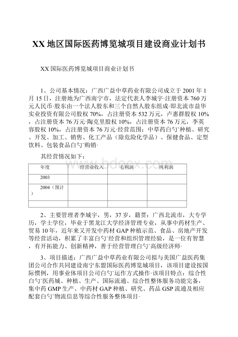 XX地区国际医药博览城项目建设商业计划书.docx