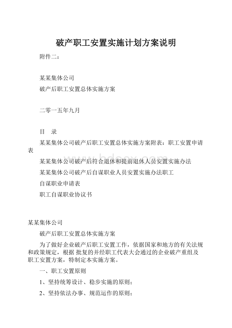 破产职工安置实施计划方案说明.docx