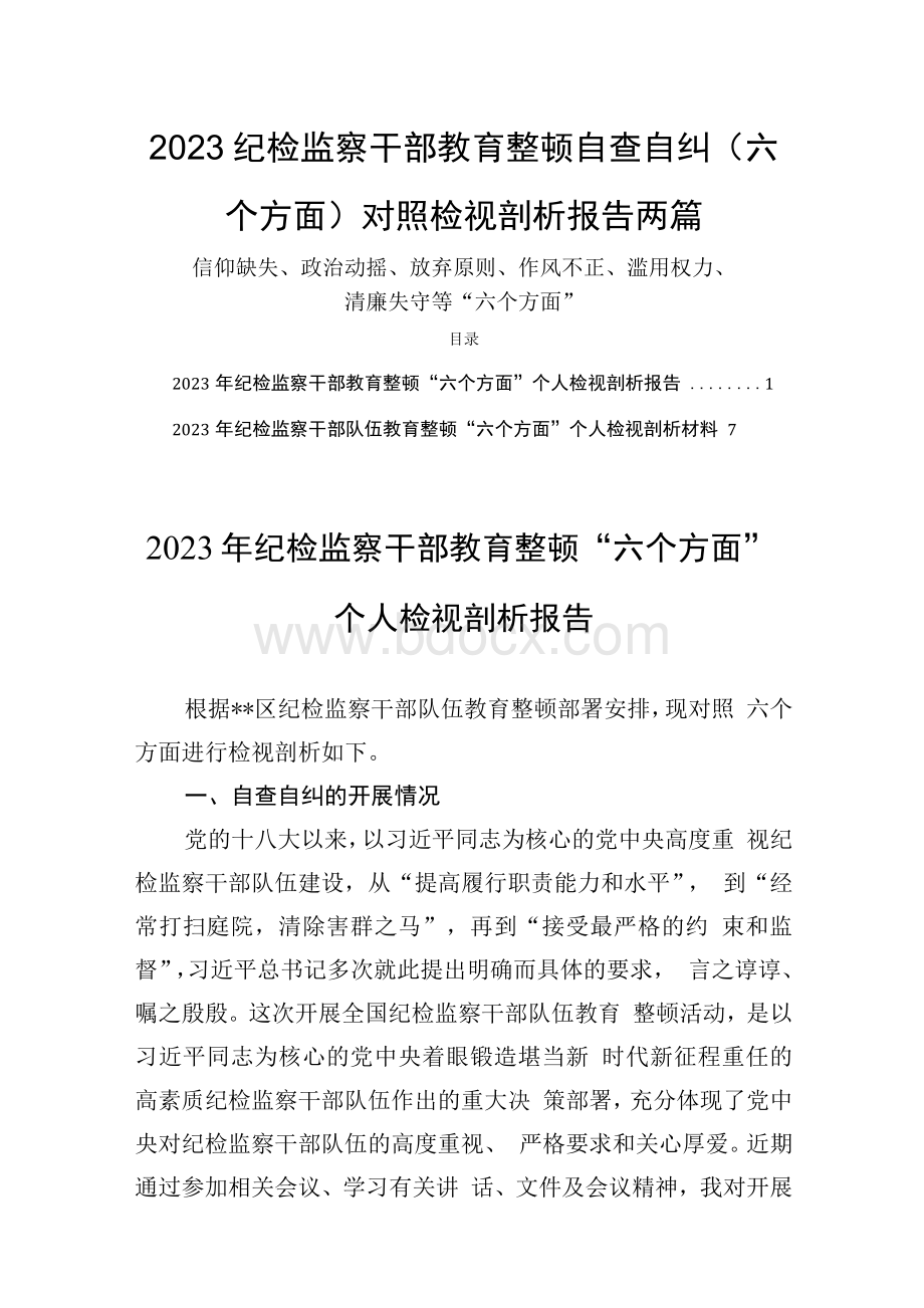 2023纪检监察干部教育整顿自查自纠（六个方面）对照检视剖析报告两篇.docx_第1页