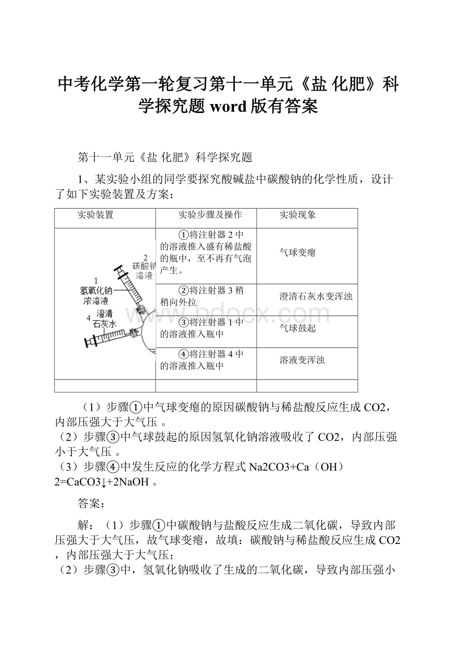 中考化学第一轮复习第十一单元《盐 化肥》科学探究题word版有答案.docx