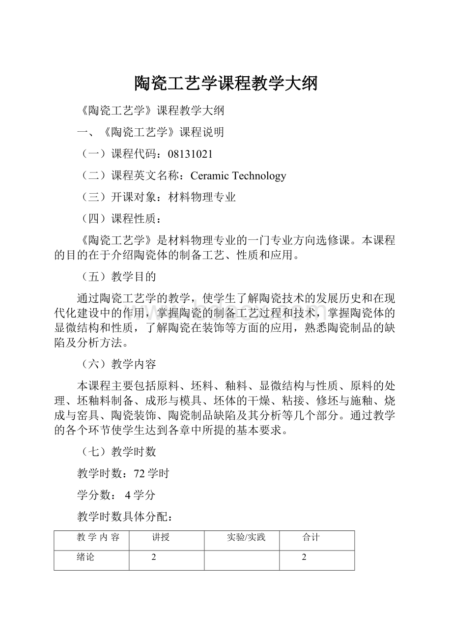 陶瓷工艺学课程教学大纲.docx