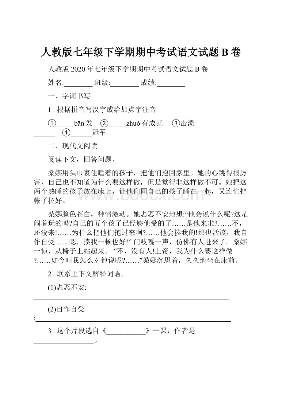 人教版七年级下学期期中考试语文试题B卷.docx