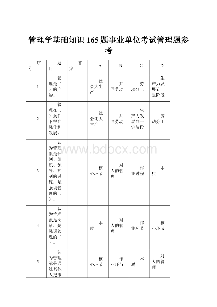 管理学基础知识165题事业单位考试管理题参考.docx