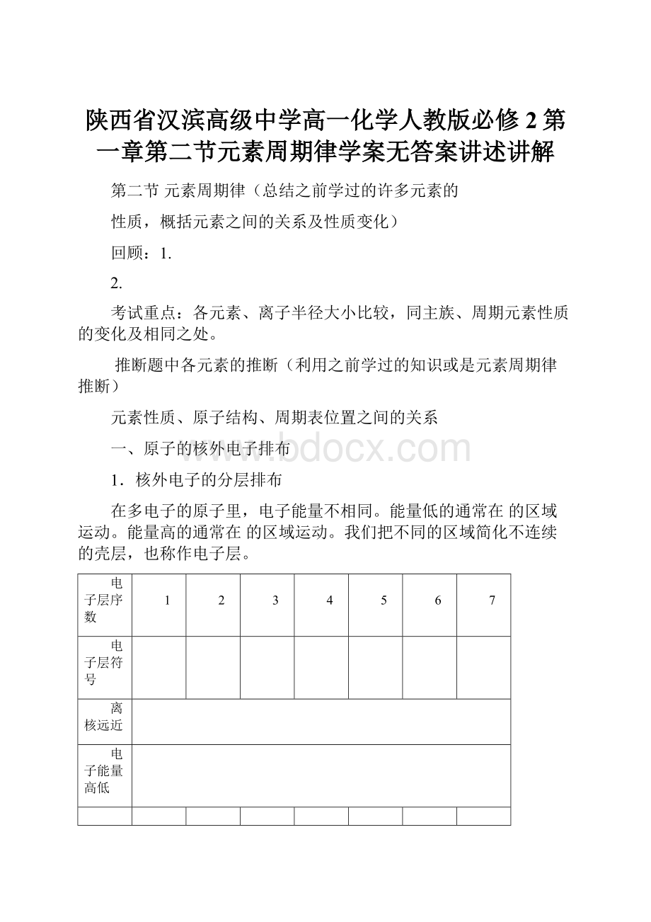 陕西省汉滨高级中学高一化学人教版必修2第一章第二节元素周期律学案无答案讲述讲解.docx