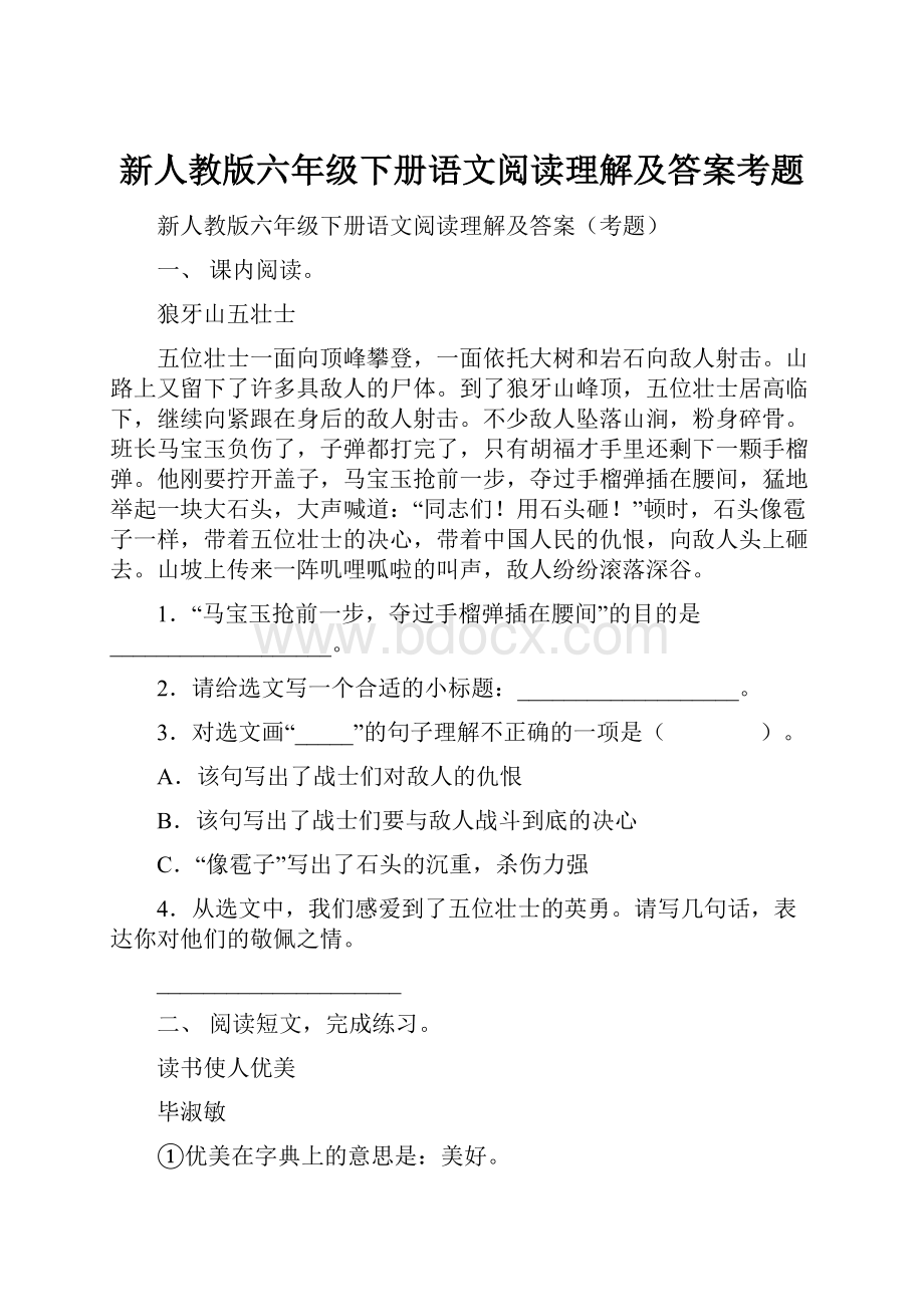 新人教版六年级下册语文阅读理解及答案考题.docx_第1页