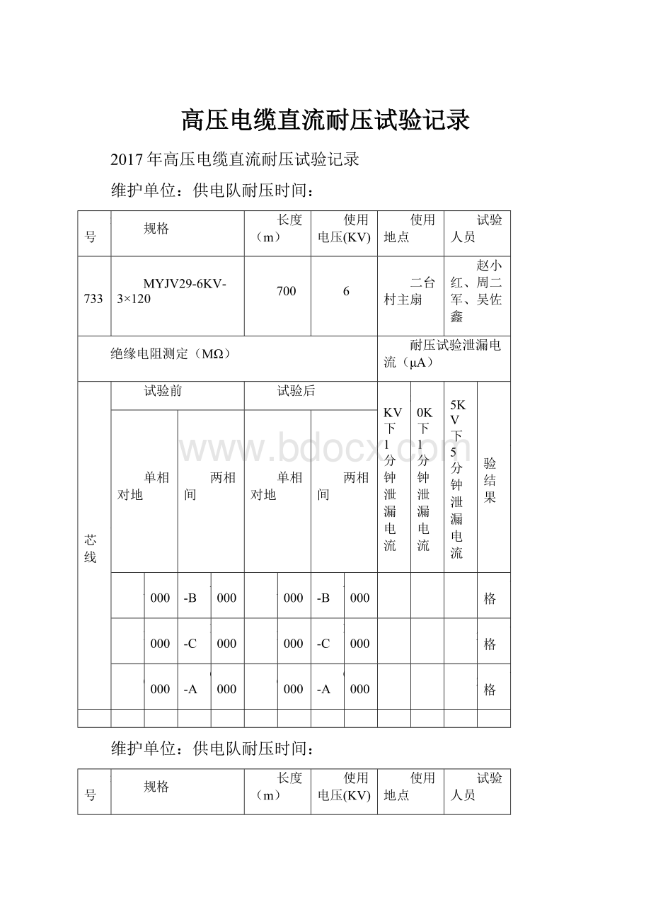 高压电缆直流耐压试验记录.docx_第1页