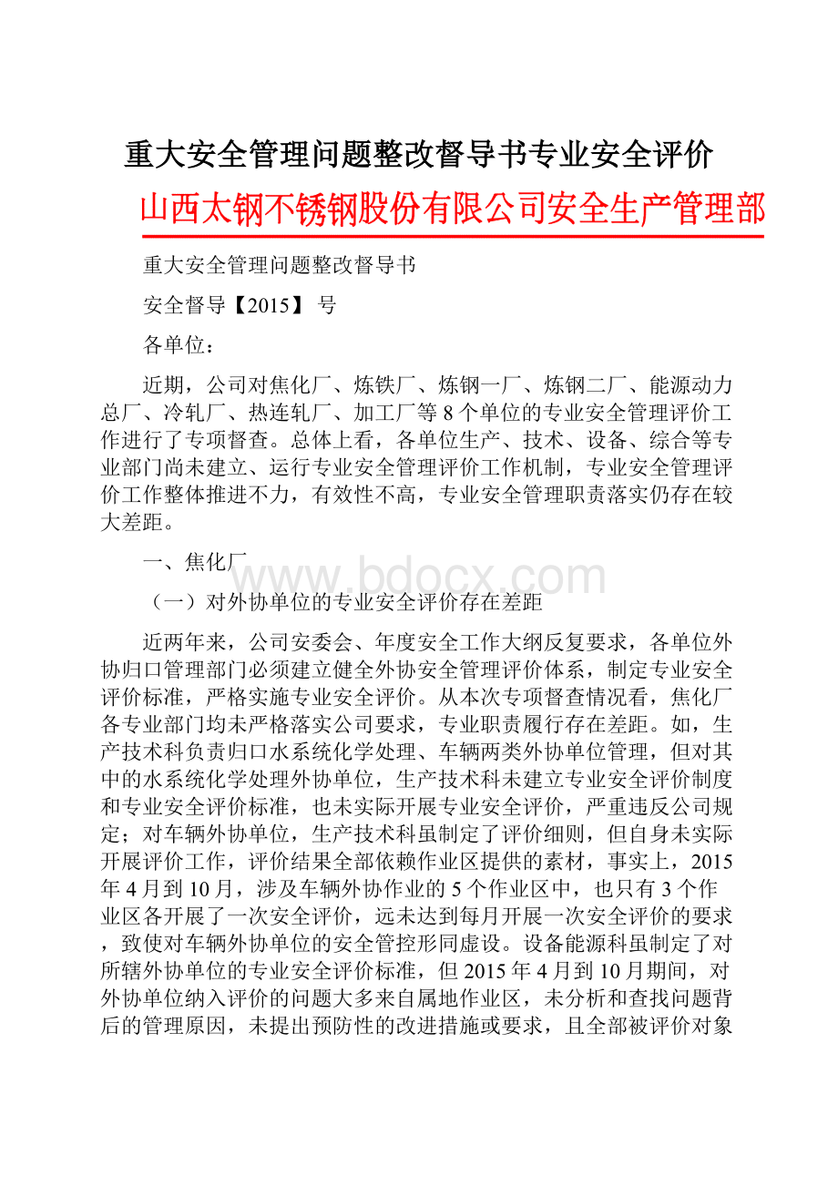 重大安全管理问题整改督导书专业安全评价.docx_第1页