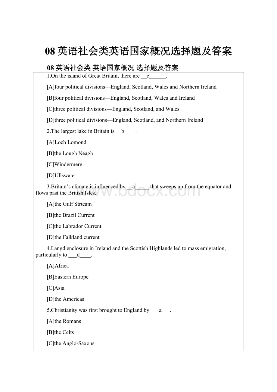 08英语社会类英语国家概况选择题及答案.docx