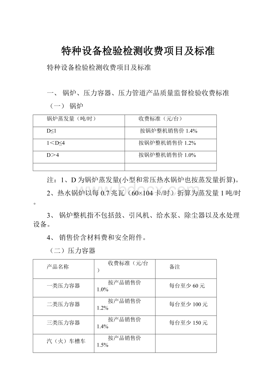 特种设备检验检测收费项目及标准.docx