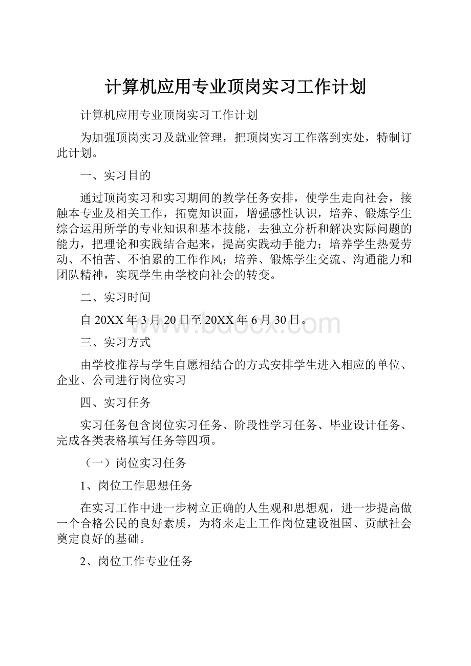 计算机应用专业顶岗实习工作计划.docx