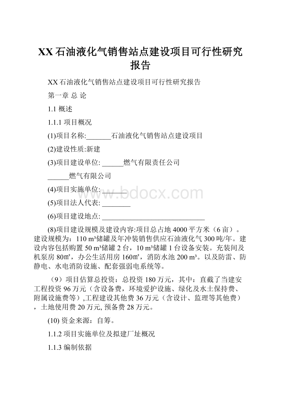 XX石油液化气销售站点建设项目可行性研究报告.docx