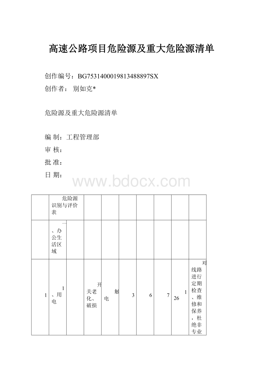 高速公路项目危险源及重大危险源清单.docx