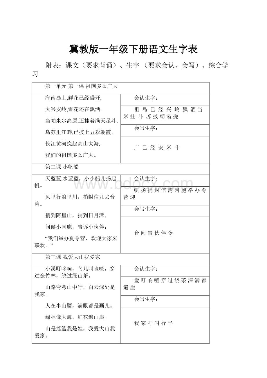 冀教版一年级下册语文生字表.docx