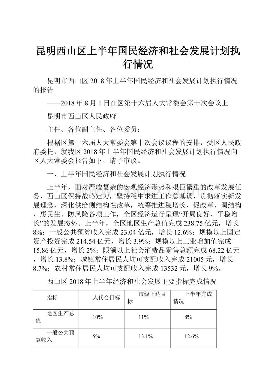 昆明西山区上半年国民经济和社会发展计划执行情况.docx_第1页