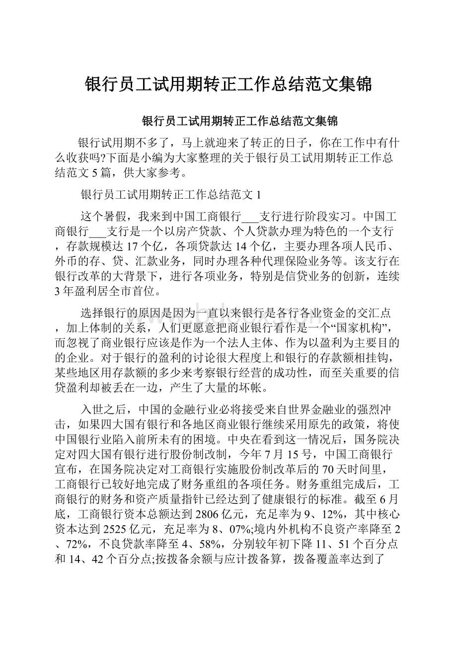 银行员工试用期转正工作总结范文集锦.docx_第1页