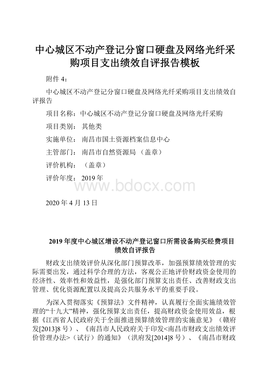 中心城区不动产登记分窗口硬盘及网络光纤采购项目支出绩效自评报告模板.docx_第1页