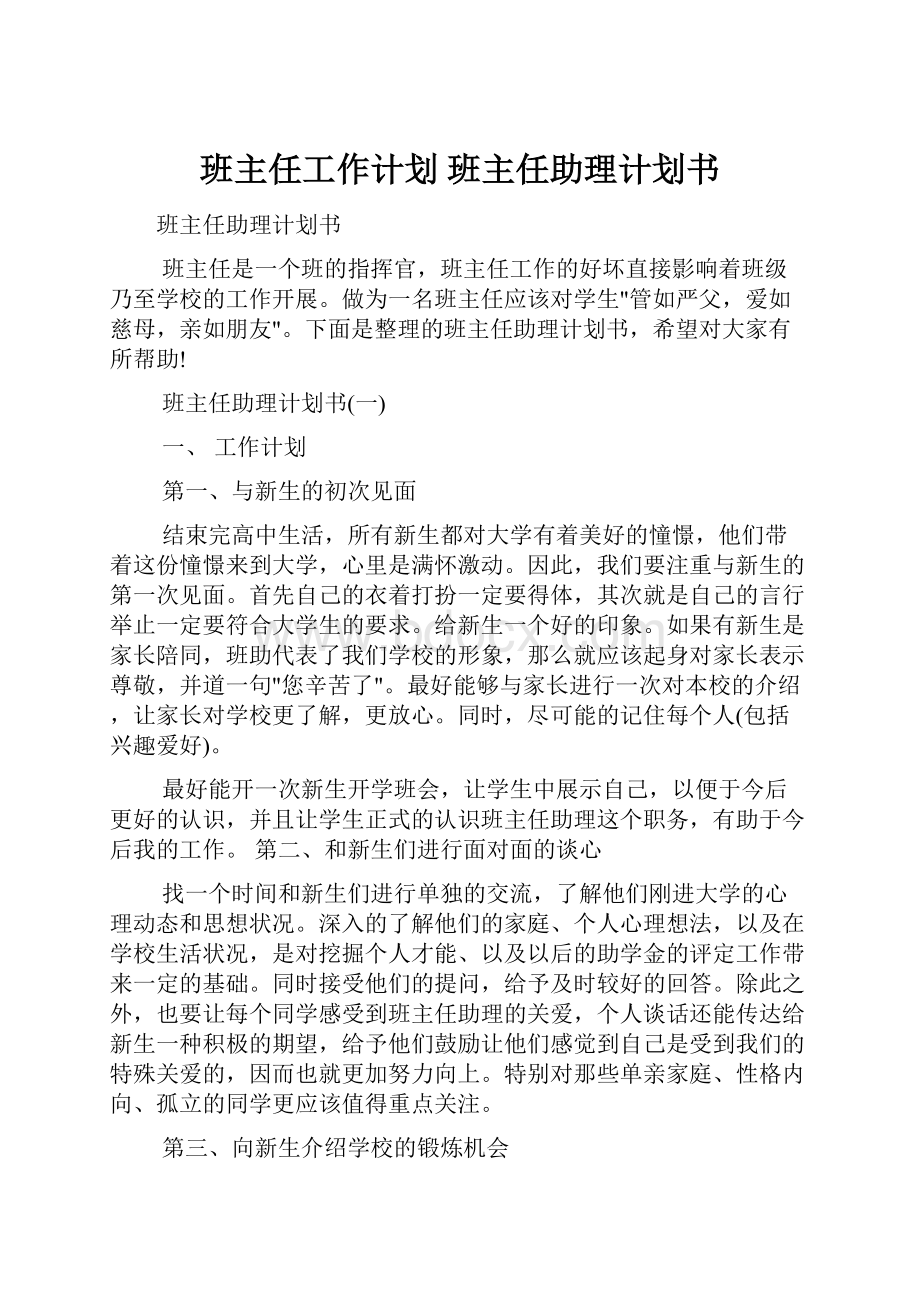 班主任工作计划 班主任助理计划书.docx