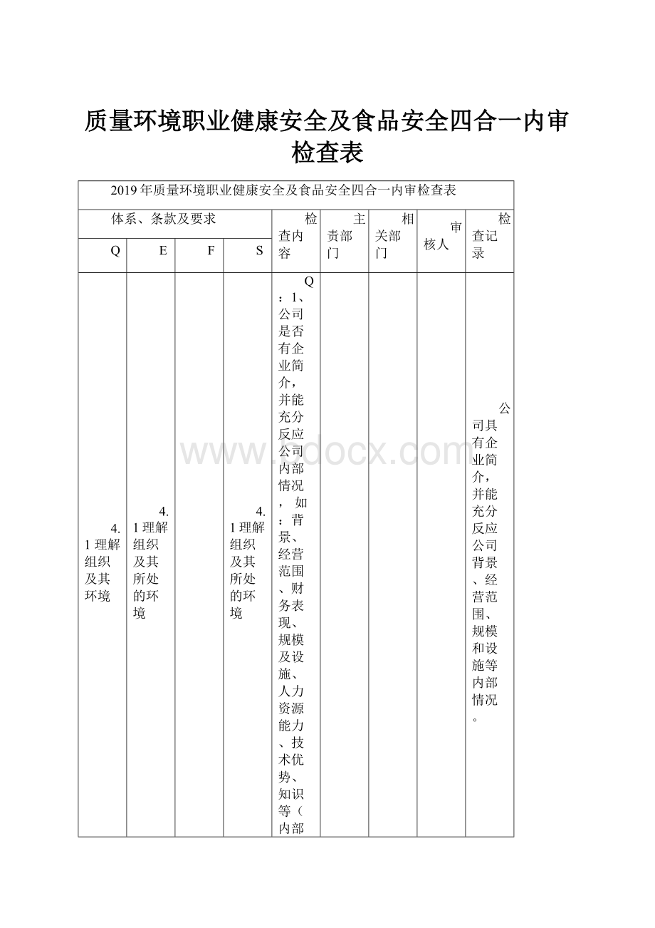 质量环境职业健康安全及食品安全四合一内审检查表.docx_第1页