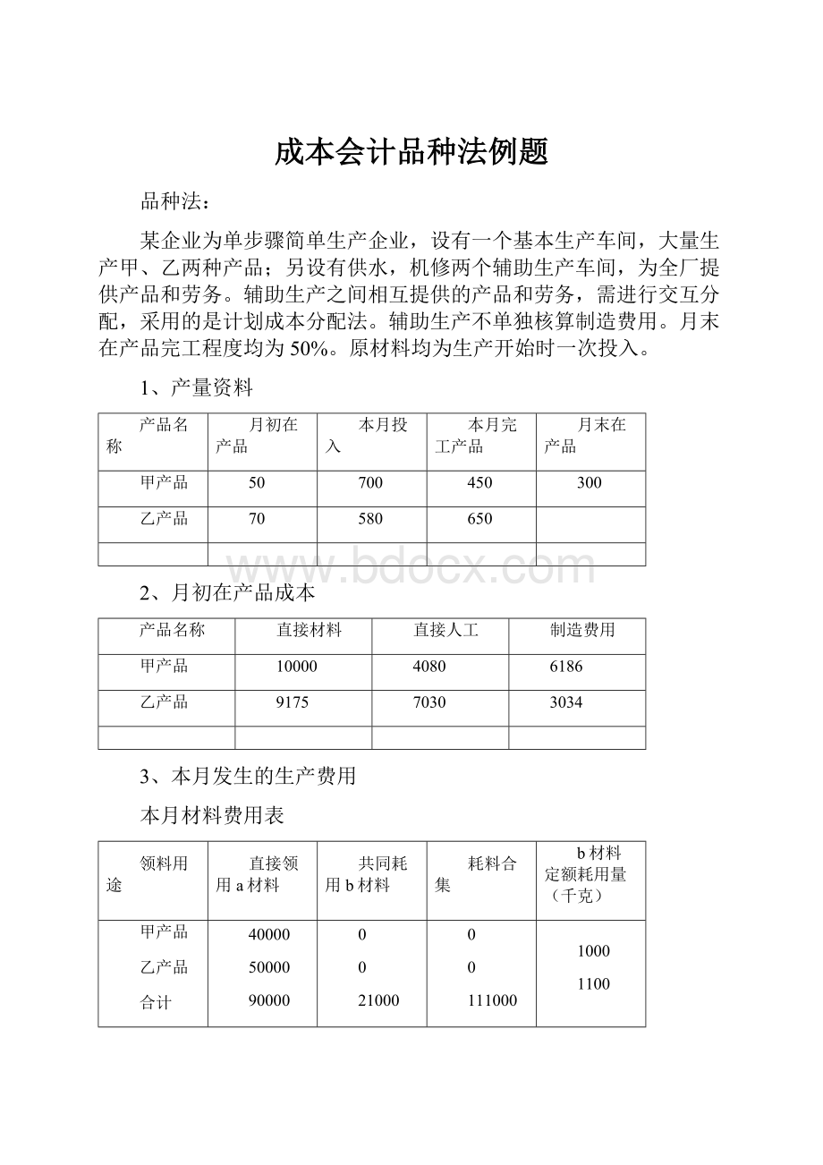 成本会计品种法例题.docx