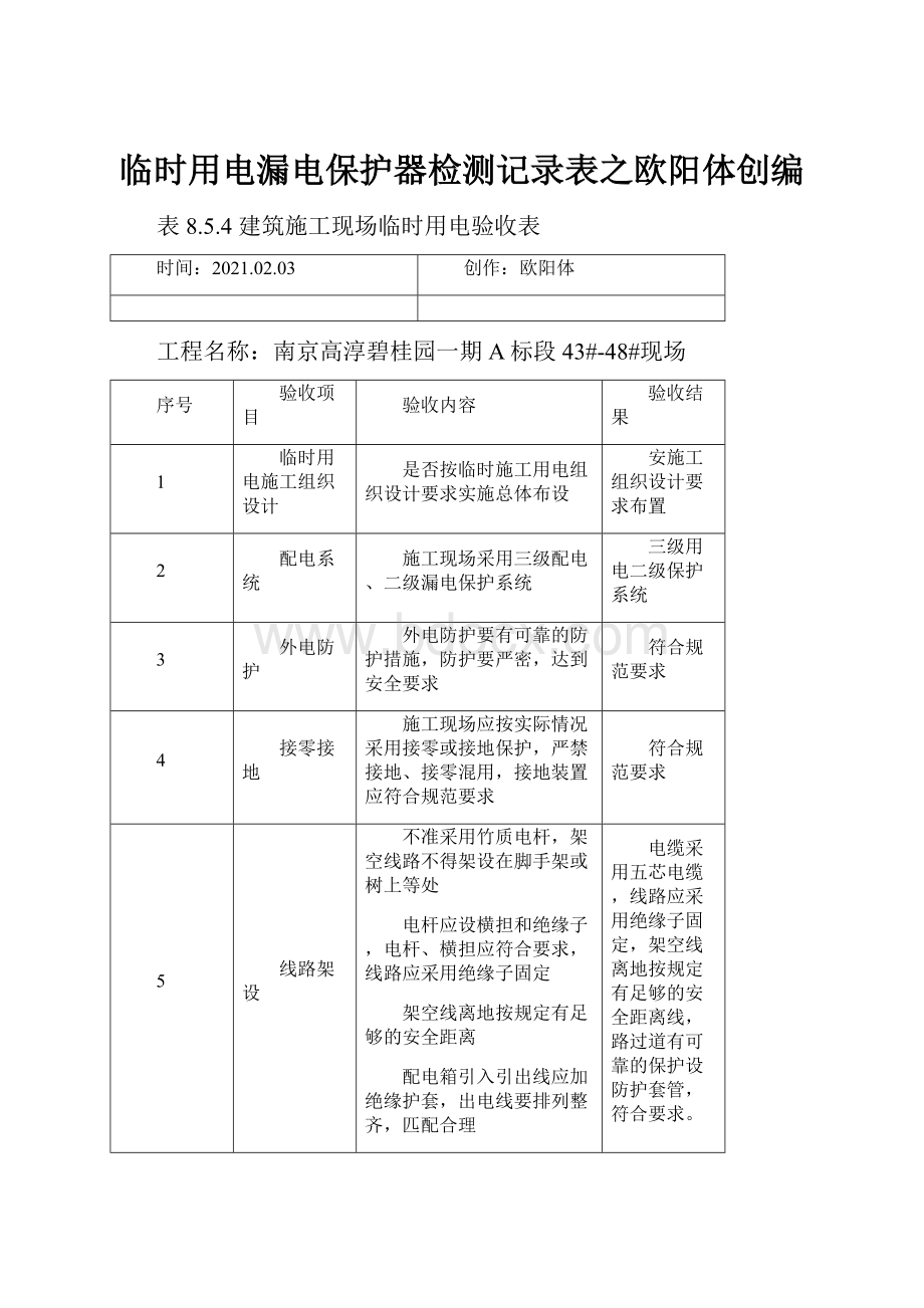 临时用电漏电保护器检测记录表之欧阳体创编.docx