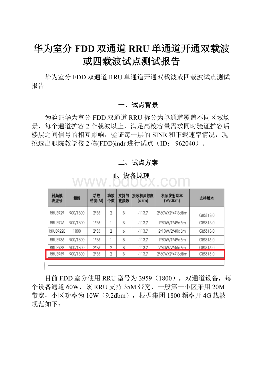 华为室分FDD双通道RRU单通道开通双载波或四载波试点测试报告.docx