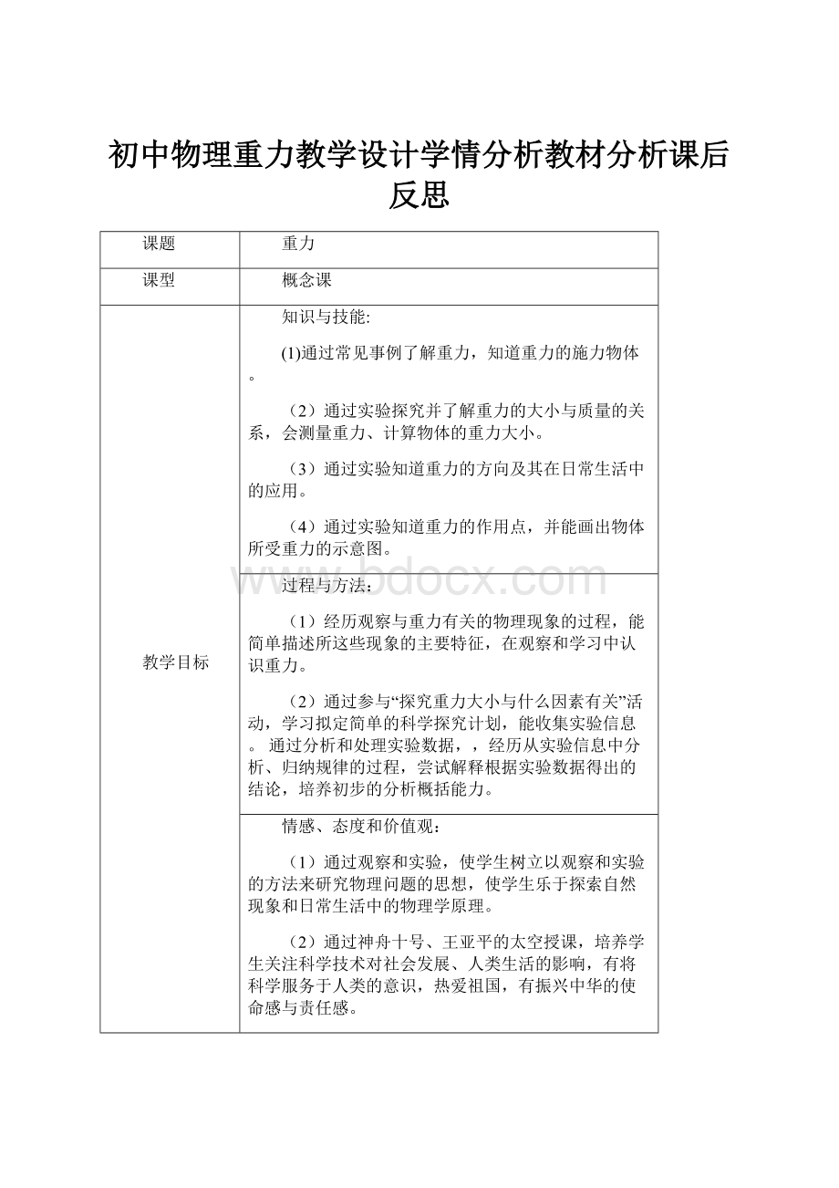 初中物理重力教学设计学情分析教材分析课后反思.docx