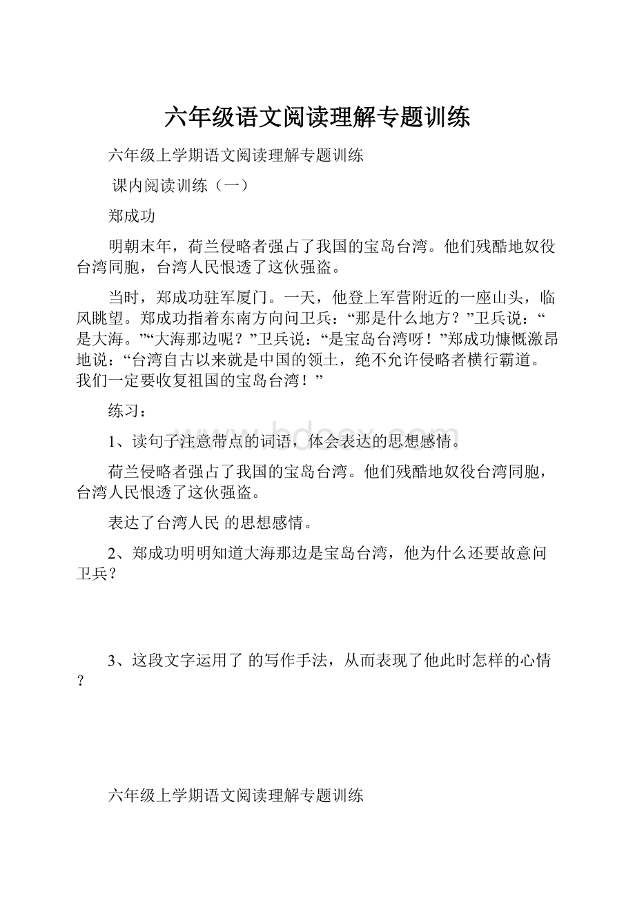 六年级语文阅读理解专题训练.docx