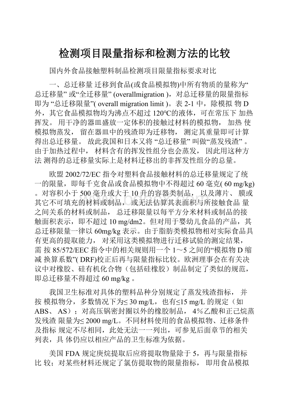 检测项目限量指标和检测方法的比较.docx