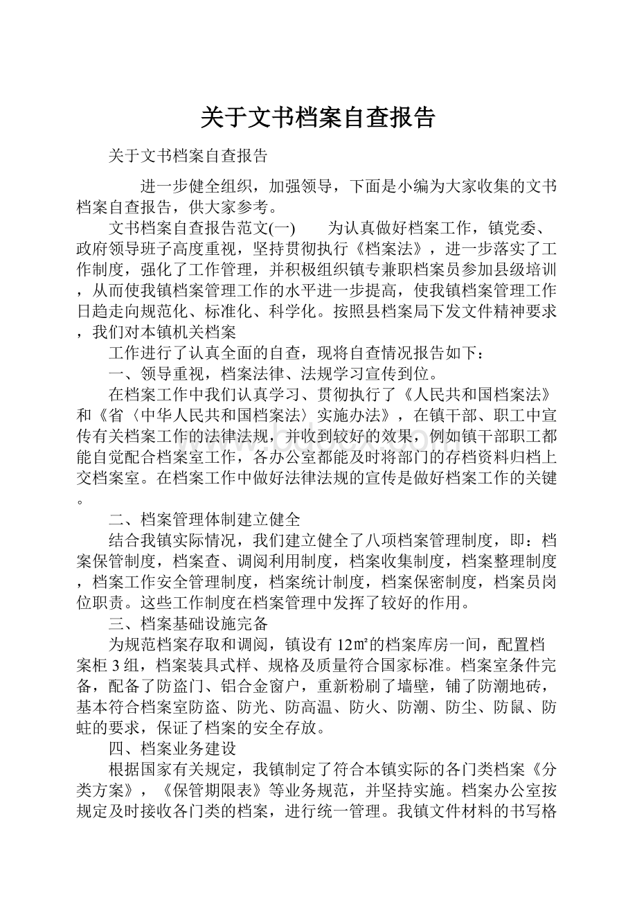 关于文书档案自查报告.docx