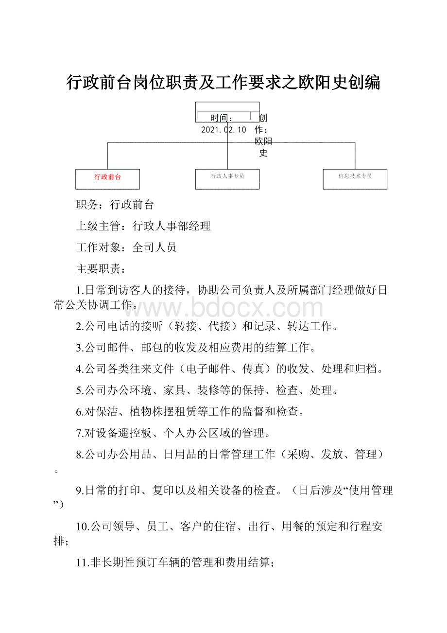 行政前台岗位职责及工作要求之欧阳史创编.docx