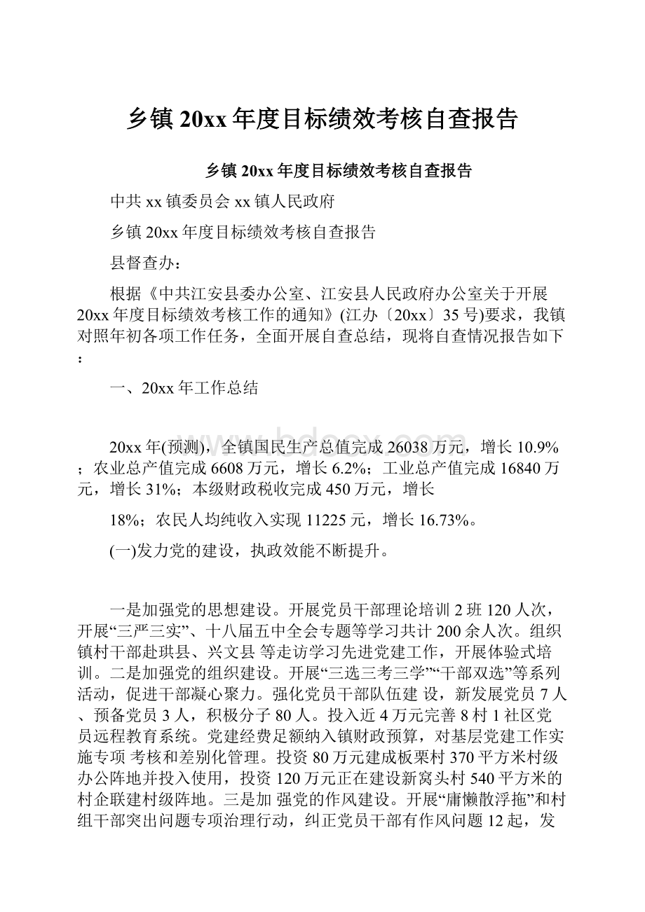 乡镇20xx年度目标绩效考核自查报告.docx