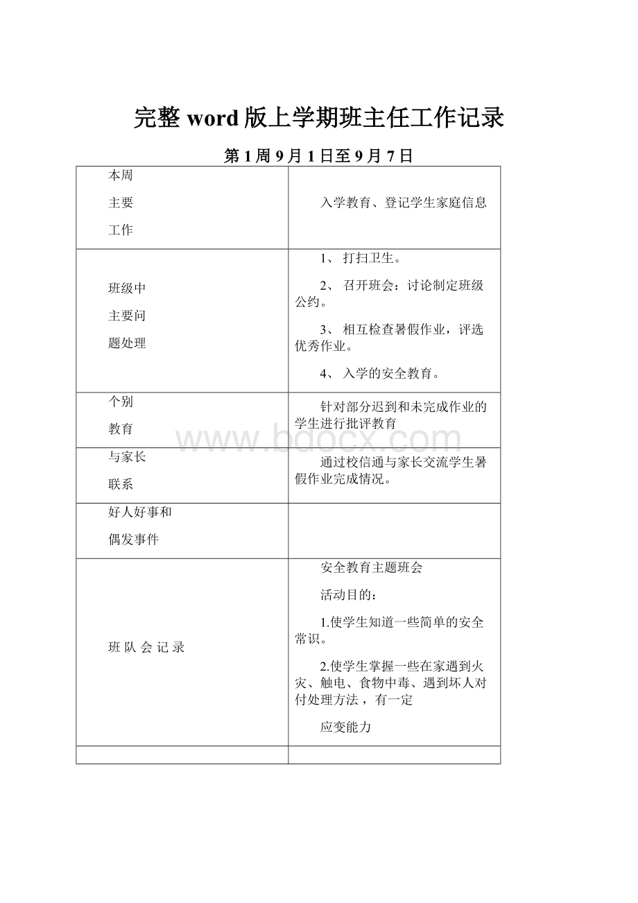 完整word版上学期班主任工作记录.docx