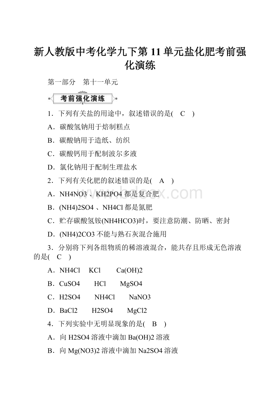 新人教版中考化学九下第11单元盐化肥考前强化演练.docx