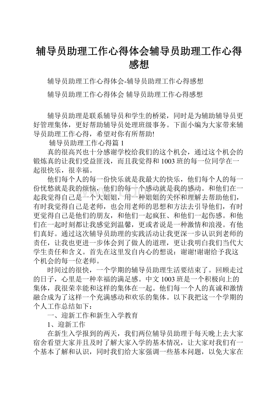 辅导员助理工作心得体会辅导员助理工作心得感想.docx