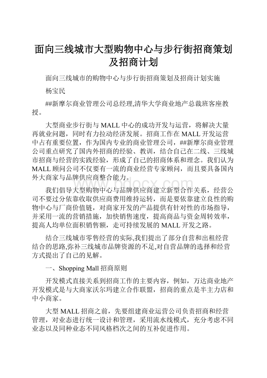 面向三线城市大型购物中心与步行街招商策划及招商计划.docx