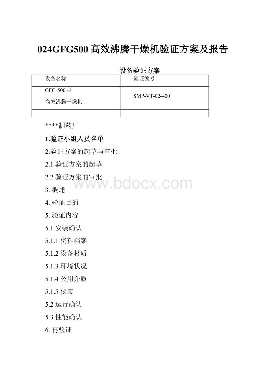 024GFG500高效沸腾干燥机验证方案及报告.docx_第1页