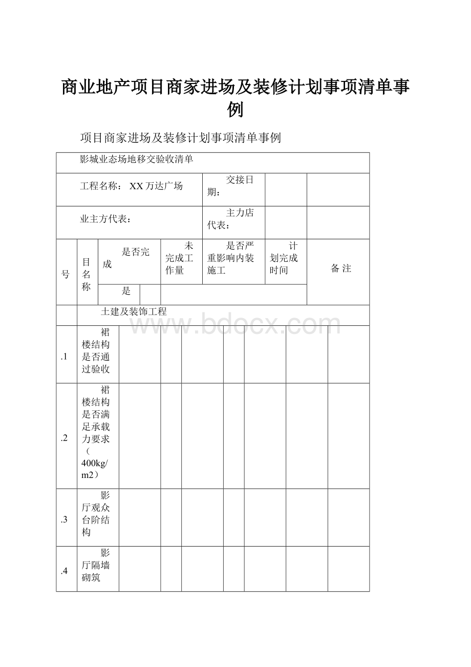 商业地产项目商家进场及装修计划事项清单事例.docx