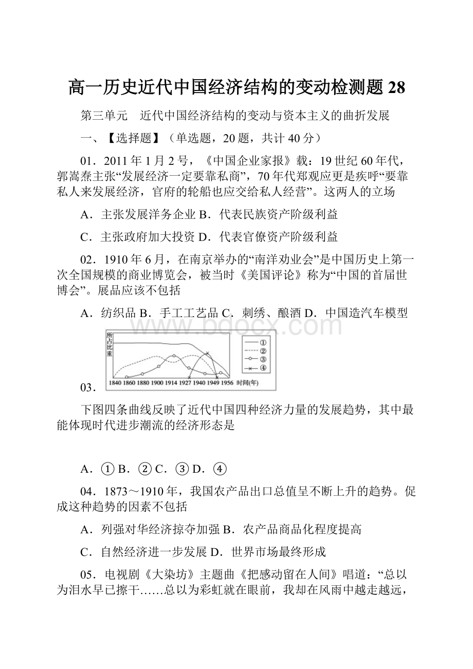 高一历史近代中国经济结构的变动检测题28.docx