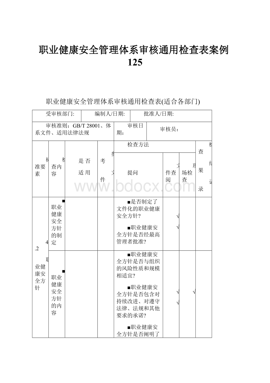 职业健康安全管理体系审核通用检查表案例125.docx_第1页