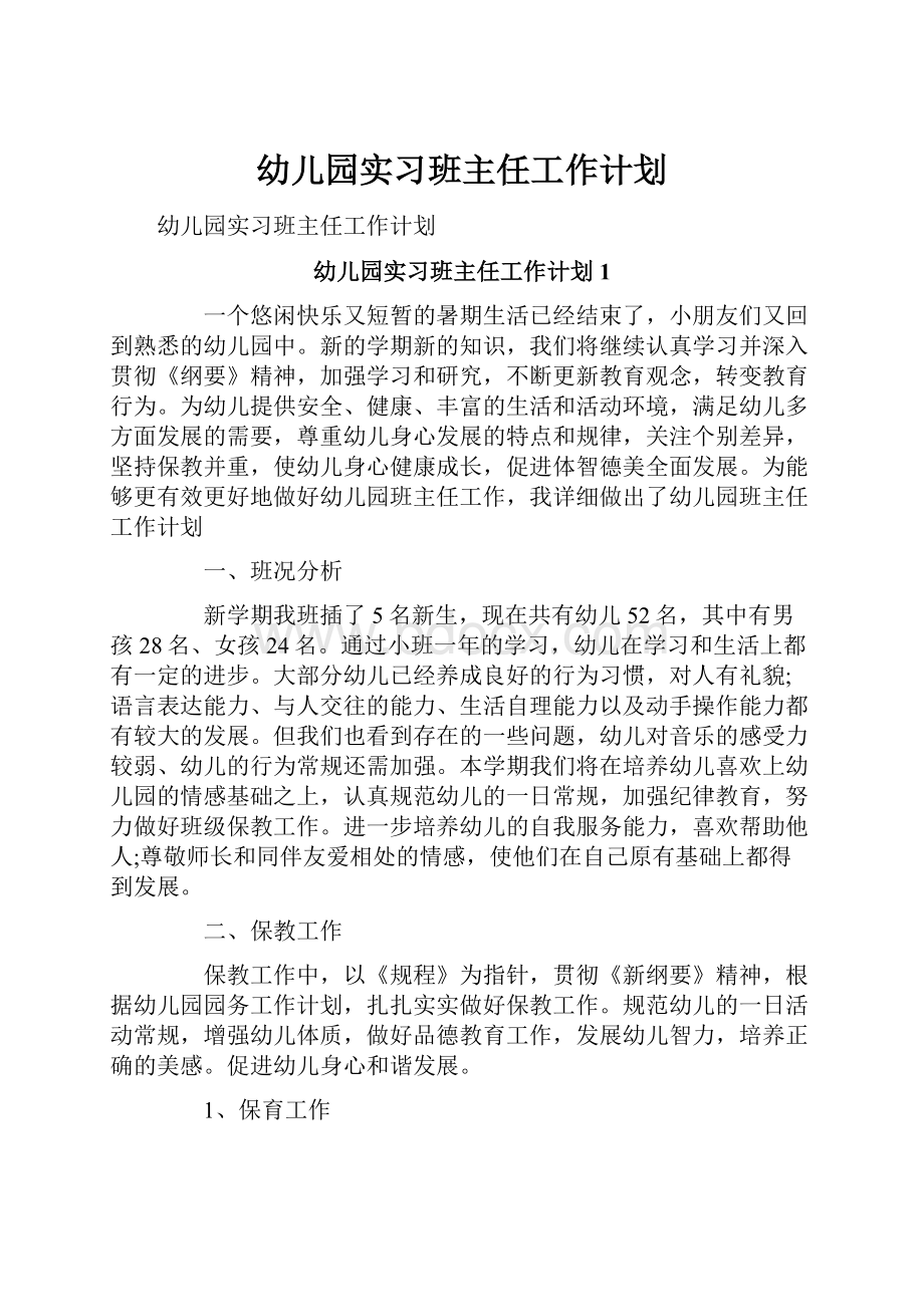 幼儿园实习班主任工作计划.docx