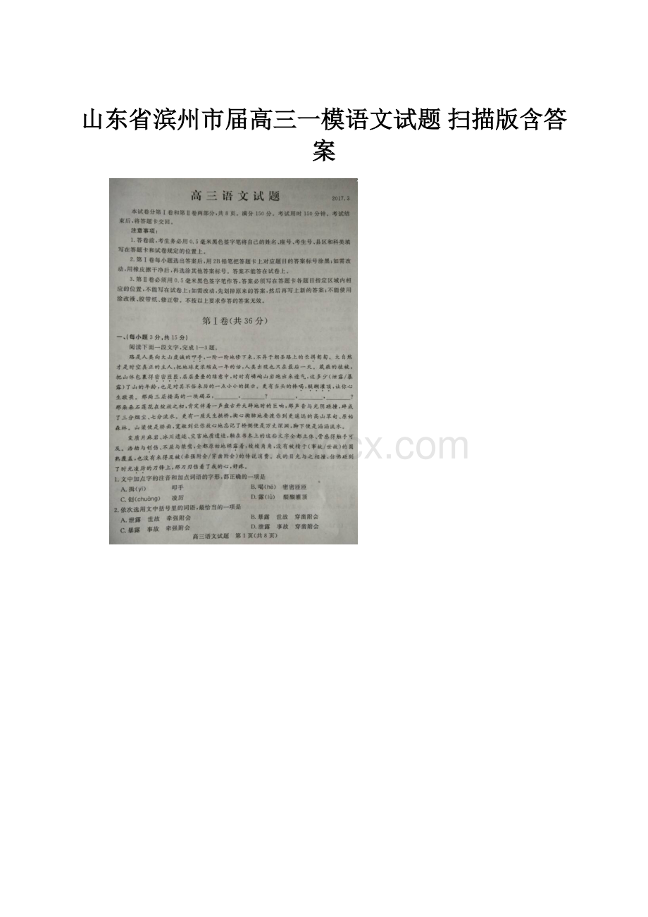 山东省滨州市届高三一模语文试题 扫描版含答案.docx