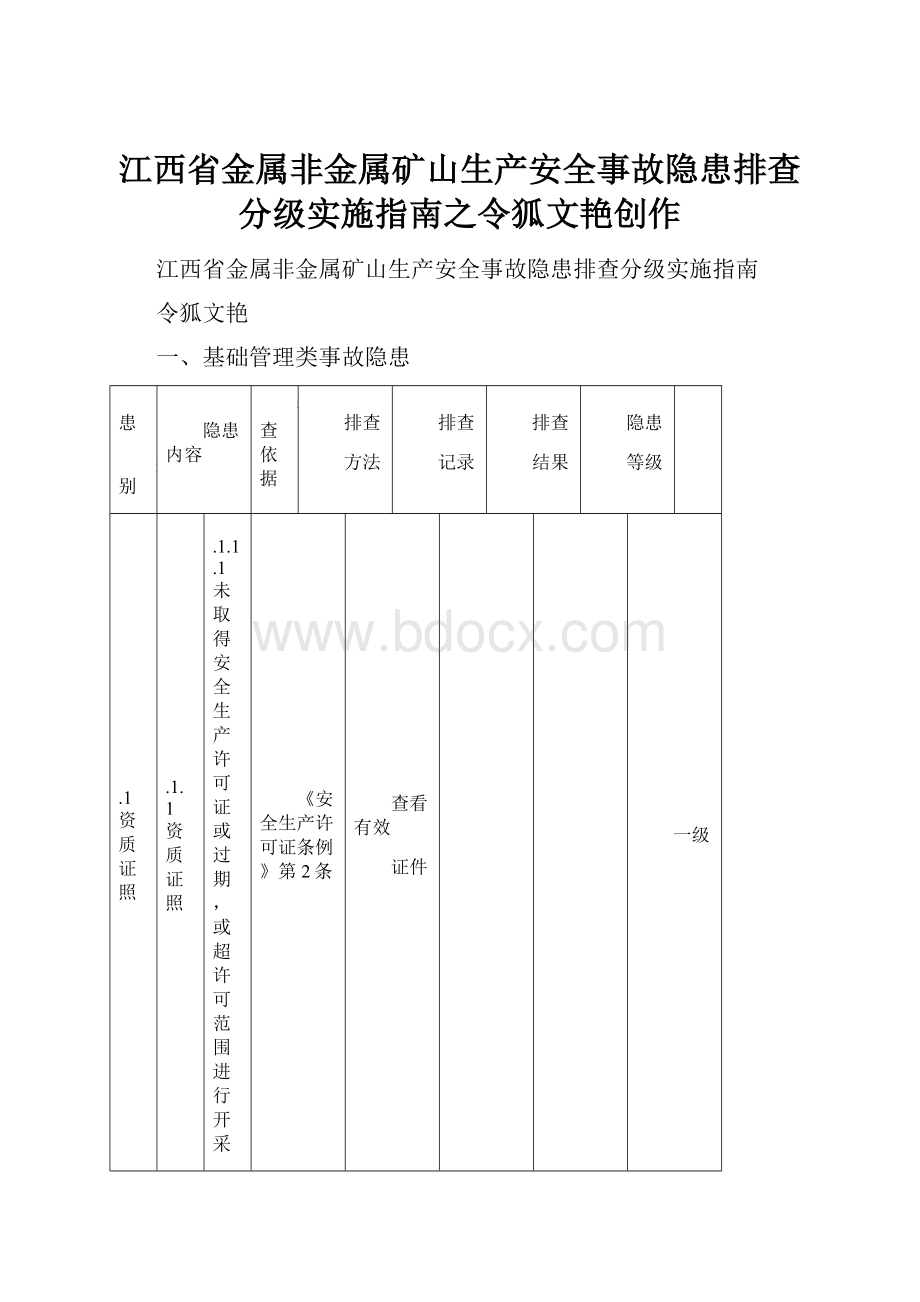 江西省金属非金属矿山生产安全事故隐患排查分级实施指南之令狐文艳创作.docx