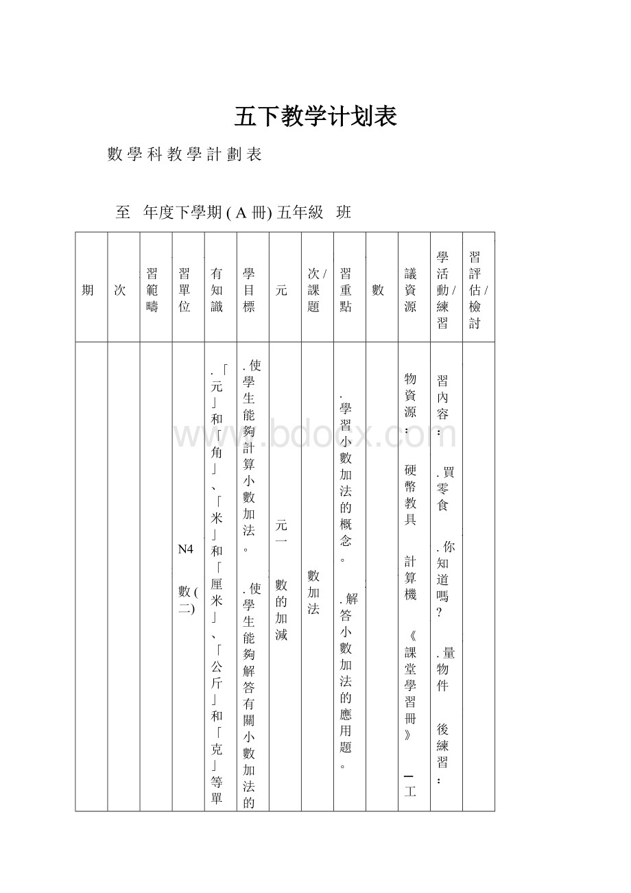 五下教学计划表.docx_第1页