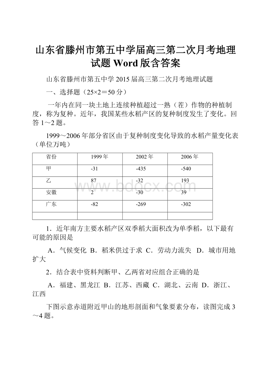 山东省滕州市第五中学届高三第二次月考地理试题 Word版含答案.docx_第1页