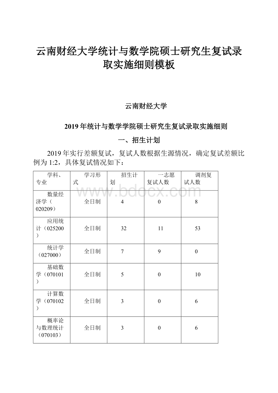 云南财经大学统计与数学院硕士研究生复试录取实施细则模板.docx