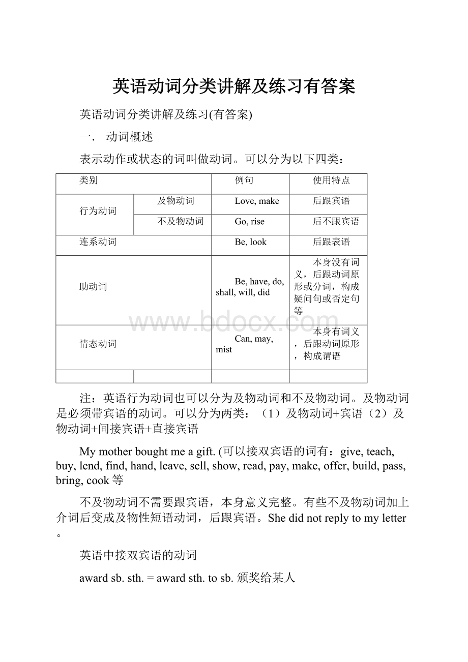 英语动词分类讲解及练习有答案.docx_第1页