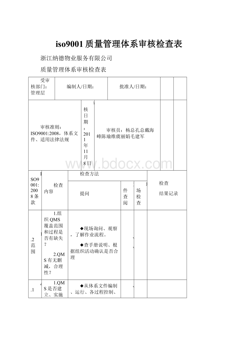 iso9001质量管理体系审核检查表.docx