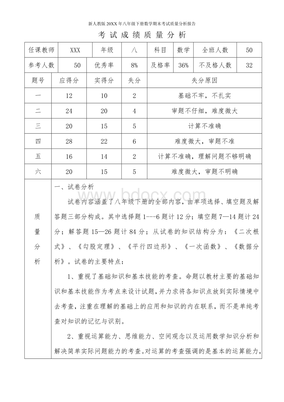 新人教版20XX年八年级下册数学期末考试质量分析报告.doc_第1页